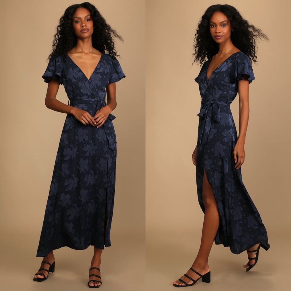 Lulus | Compelling Love Navy Blue Jacquard Short Sleeve Maxi Dress